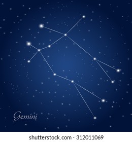 Gemini constellation zodiac sign at starry night sky 
