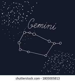 Gemini Constellations Astronomy stars. Zodiac sign. Celestial hand drawn, hand lettering name of zodiac stars. 