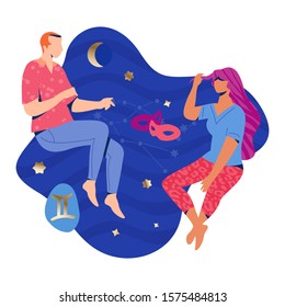 Gemini couple zodiac and horoscope concept. Modern vector art with young couple. Illustration for horoscope and astrology apps, dating websites, astrology predictions.