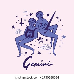 Gemini. Cute astrological illustration.  zodiac sign cute whimsical flat astrological art illustration