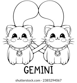 Gemini cute cartoon astrology sign of the zodiac cat. Character in kawaii style. Vector illustrations in hand drawn sketch style isolated on white. Black outline graphic. Funny cat horoscope