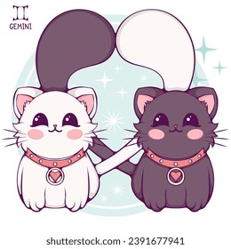 Gemini cute cartoon astrology sign of the zodiac cat. Pet character in kawaii style. Vector illustrations in hand drawn flat style on round background. Funny cat horoscope