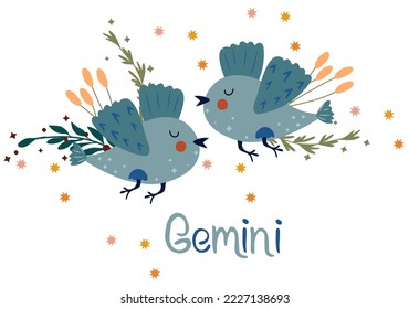 Gemini. Cute Zodiac sign with colorful leaves and stars around. Cute birds Gemini perfect for posters, logo, cards. Astrological Gemini zodiac. Vector illustration.