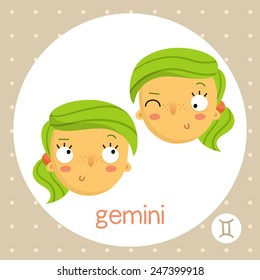 Gemini cute zodiac sign illustration cartoon style twin girls badge horoscope symbol isolated on white