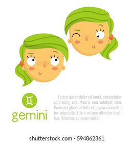 Gemini cute zodiac sign illustration - cartoon style twin girls - horoscope symbol isolated on white with sample text