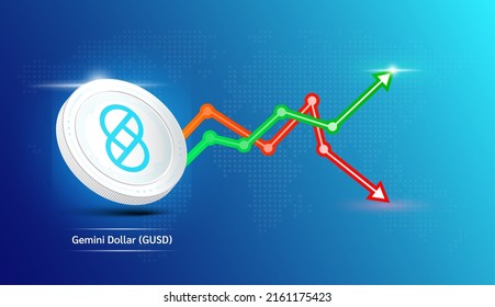 Gemini Dollar coin white. Cryptocurrency token symbol with stock market investment trading graph green and red. Coin icon on dark  background. Economic trends business concept. 3D Vector illustration.