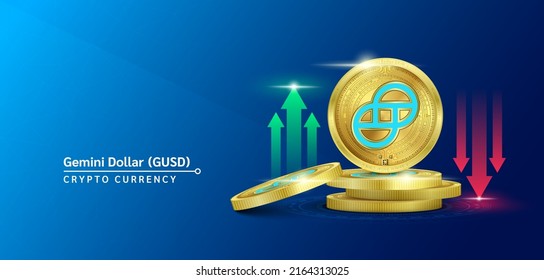 Gemini Dollar token cryptocurrency banner. Future currency on blockchain stock market with red-green arrows up and down. Gold coins crypto currencies. Banner for news on a solid background. 3D Vector.