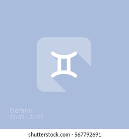 Gemini flat icon. Astrology symbol vector illustration. Flat zodiac sign. Isolated on a blue background. Horoscope predicts your destiny.