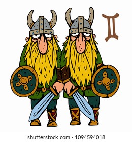 Gemini. Funny Viking zodiac sign, horoscope symbol . Vector illustration cartoon style character. Isolated object