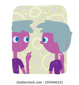 Gemini. Funny zodiac sign. Colorful vector illustration of pink-violet twins in hand-drawn sketch style isolated on white background. Zodiacal character. 
