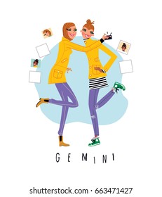 Gemini Girl horoscope sign. Vector illustration.