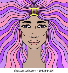 Gemini girl portrait with violet and pink hair. Zodiac sign. Vector illustration.