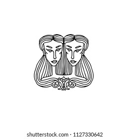 Gemini girl portrait. Zodiac sign for adult coloring book. Simple black and white vector illustration.