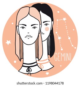 Gemini girls. Sketch style woman with zodiac sign. Stars, astrological, constellation, female. Hand drawn vector illustration for prints, stickers, cards. 