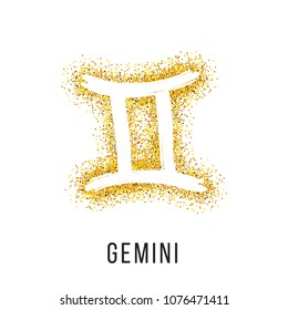 gemini gold glitter vector zodiac sign, hand drawn with ink brush. Vector graphics set.