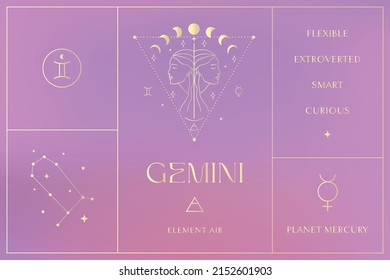 Gemini Gold Zodiac Sign Design, Esoteric Abstract Logo, Mystic Spiritual Symbols, Icons. Astrology, Moon and Stars, Magic Esoteric Art.