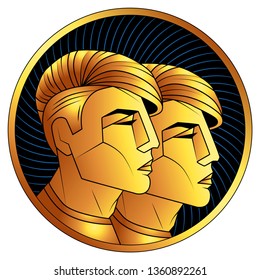 Gemini golden zodiac sign, astrological icon, horoscope symbol of gold. Stylized graphic  gilded portrait young guys from future with stylish modern hairstyle Undercut, gilt hair. Vector illustration.