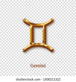 Gemini golden zodiac sign on transparent background. Luxury star sign for astrology horoscope prediction. Glossy zodiac symbol. Realistic gold design of horoscope constellation vector illustration