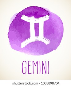 Gemini  hand drawn Zodiac sign illustration over purple watercolor circle. Vector graphic astrology symbol design element isolated over white.