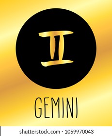 Gemini hand drawn Zodiac sign illustration. Vector graphic astrology symbol design element in black circle over golden background.