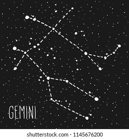 Gemini hand drawn Zodiac sign constellation in white over black starry night sky. Vector graphics astrology illustration. Western horoscope mystic symbol.