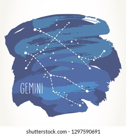 Gemini hand drawn Zodiac sign constellation over blue paint strokes. Vector graphics astrology illustration. Western horoscope mystic symbol isolated over white.