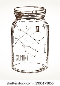 Gemini hand drawn Zodiac sign constellation in a mason jar. Vector graphics astrology illustration. Western horoscope mystic symbol isolated over white.