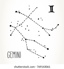 Gemini hand drawn Zodiac sign constellation in black isolated over white background. Vector graphics astrology illustration. Western horoscope mystic symbol.