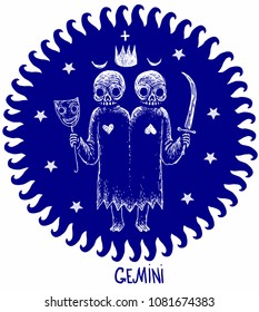 Gemini Horoscope Astrology skeleton character. Zodiac sign with stars in circle isolated on the white background. Vector illustration EPS 10 format.