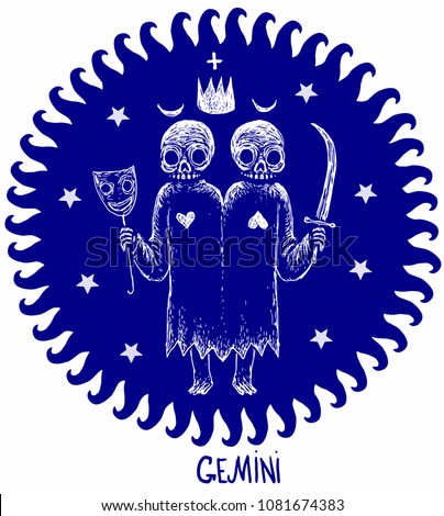 Gemini Horoscope Astrology Skeleton Character Zodiac Sign With Stars In Circle Isolated On The White Gemini Horoscope Astrology Skeleton Character Zodiac Sign With Stars In Circle Isolated On The White