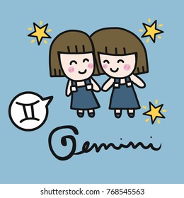 Gemini horoscope cartoon vector illustration doodle style