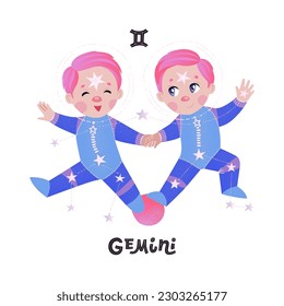 Gemini horoscope character with zodiac sign and handlettering. Cute vector illustration EPS 10.