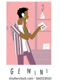 Gemini horoscope sign. A man talking by phone at home.