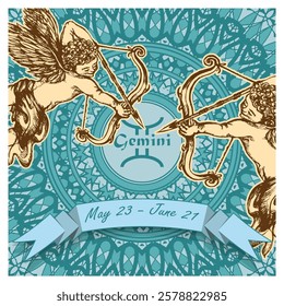 Gemini horoscope sign on an openwork background with a ribbon on top and dates. Mix of styles. Poster, decorative panel or other. Vector illustration