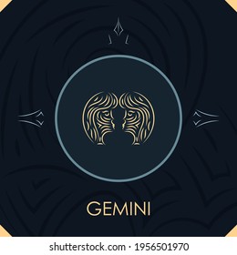 Gemini horoscope sign in twelve zodiac with abstract stars background, line art graphic