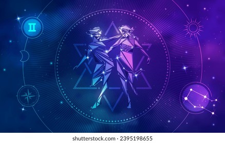 Gemini horoscope sign in twelve zodiac with galaxy stars background, graphic of low poly young lady twins with futuristic astrological element