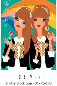 Gemini horoscope sign as twins girls with candies, lollipops. Vector illustration.