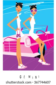 Gemini horoscope sign. Two twins girls near retro car. Vector illustration