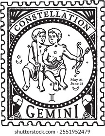 GEMINI horoscope sign vectorized hand draw, POSTAGE STAMP