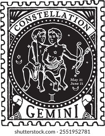 GEMINI horoscope sign vectorized hand draw, POSTAGE STAMP