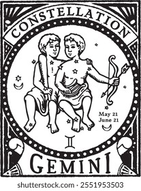 GEMINI horoscope sign vectorized hand draw, Card design
