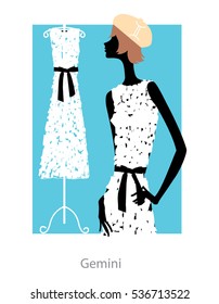 Gemini horoscope sign as a woman wearing a white dress. Vector illustration.