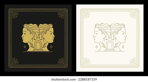 Gemini horoscope zodiac astrology symbol vintage line art deco card design set vector illustration. Twins antique female astrological esoteric celestial constellation lunar calendar decor ornament