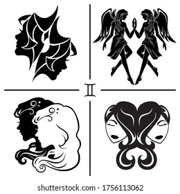 Gemini. Horoscope. Zodiac sign. Set of vector silhouettes in four different styles.