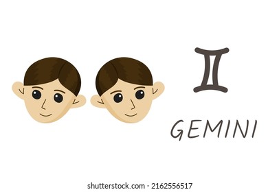 Gemini horoscope zodiac sign with symbol and inscription.Two human heads cartoon style