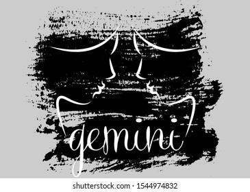 gemini icon of zodiac, Vector icon. astrological signs, grunge image of horoscope. brush stroke style, isolated on grey background  