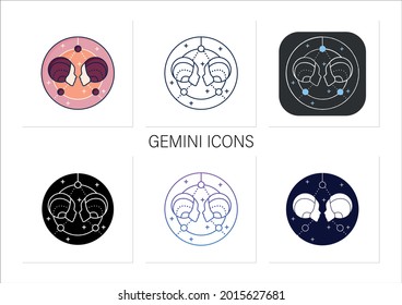 Gemini icons set. Third fire sign in zodiac. Horoscope twins. Mystic horoscope sign. Astrological science concept.Collection of icons in linear, filled, color styles.Isolated vector illustrations