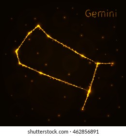 Gemini Illustration Icon, Lights Silhouette on Dark Background. Glowing Lines and Points