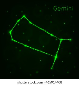 Gemini Illustration Icon, Lights Silhouette on Dark Background. Glowing Lines and Points