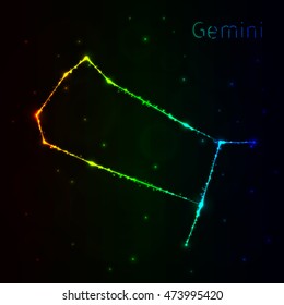 Gemini Illustration Icon, Lights Silhouette on Dark Background. Glowing Lines and Points